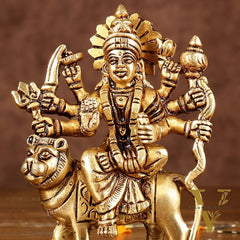 Brass superfine goddess Durga on lion sherawali mata small idol 5"