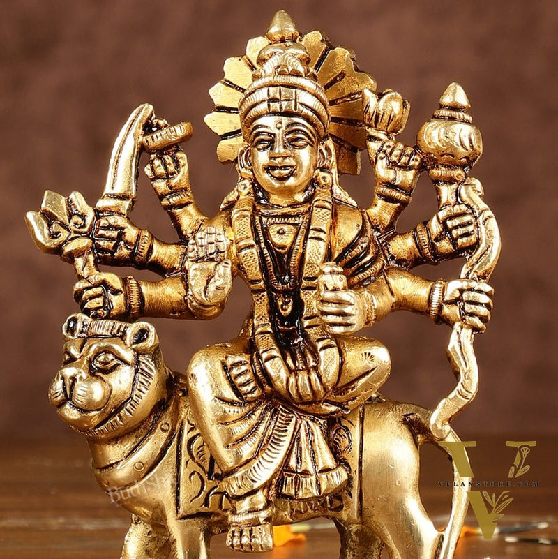 Brass superfine goddess Durga on lion sherawali mata small idol 5"