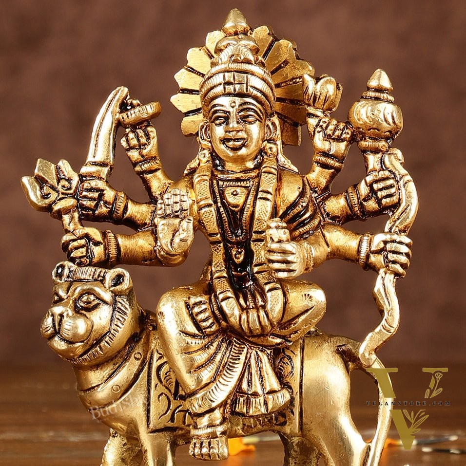 Brass superfine goddess Durga on lion sherawali mata small idol 5"