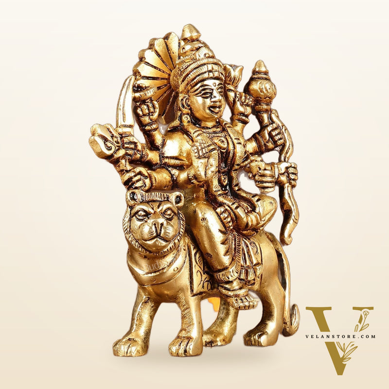 Brass superfine goddess Durga on lion sherawali mata small idol 5"