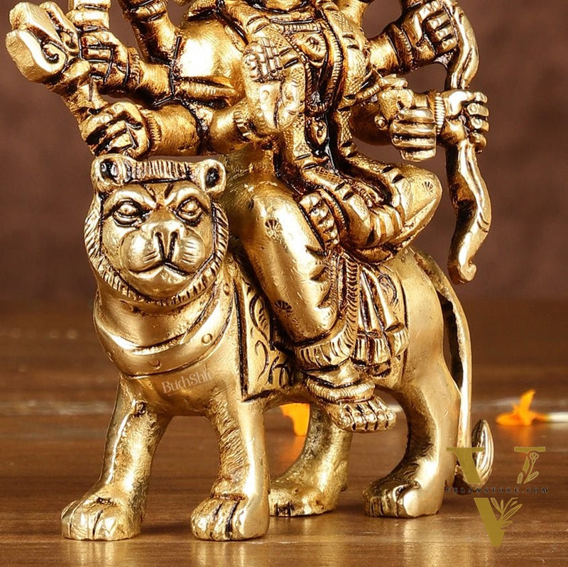 Brass superfine goddess Durga on lion sherawali mata small idol 5"
