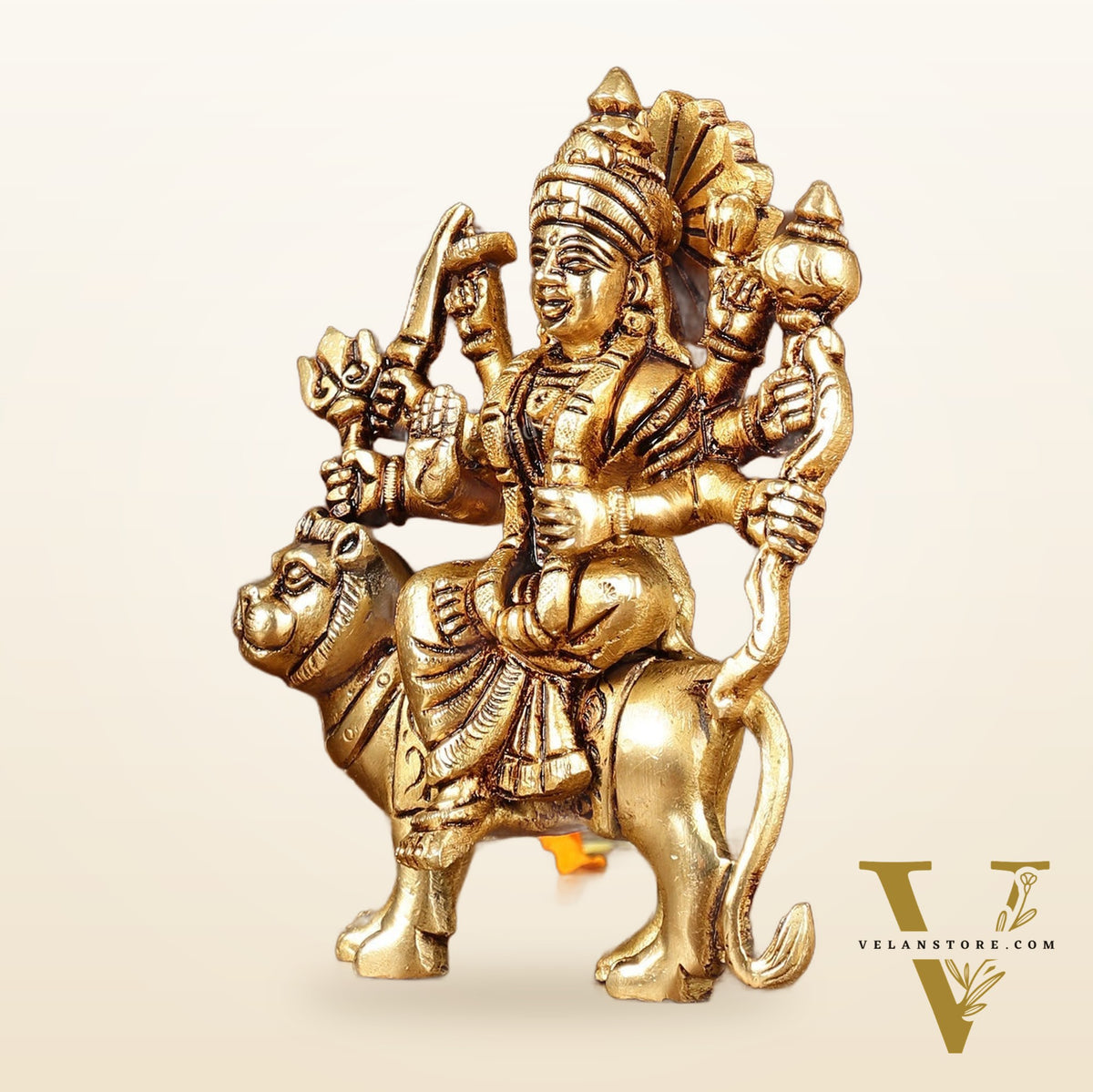 Brass superfine goddess Durga on lion sherawali mata small idol 5"