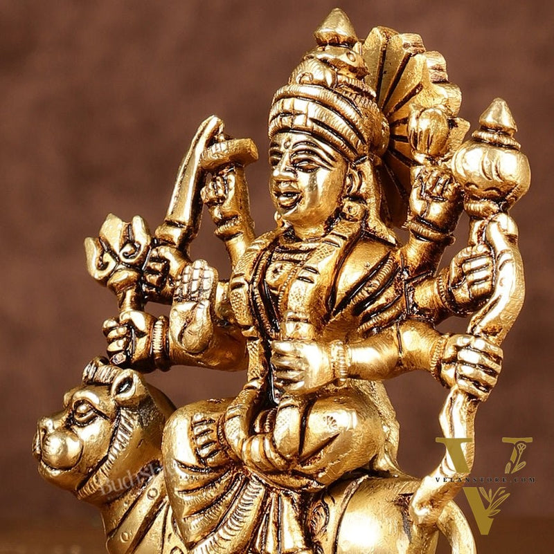 Brass superfine goddess Durga on lion sherawali mata small idol 5"
