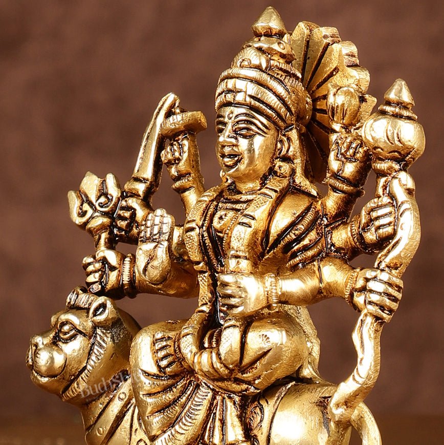Brass superfine goddess Durga on lion sherawali mata small idol 5"