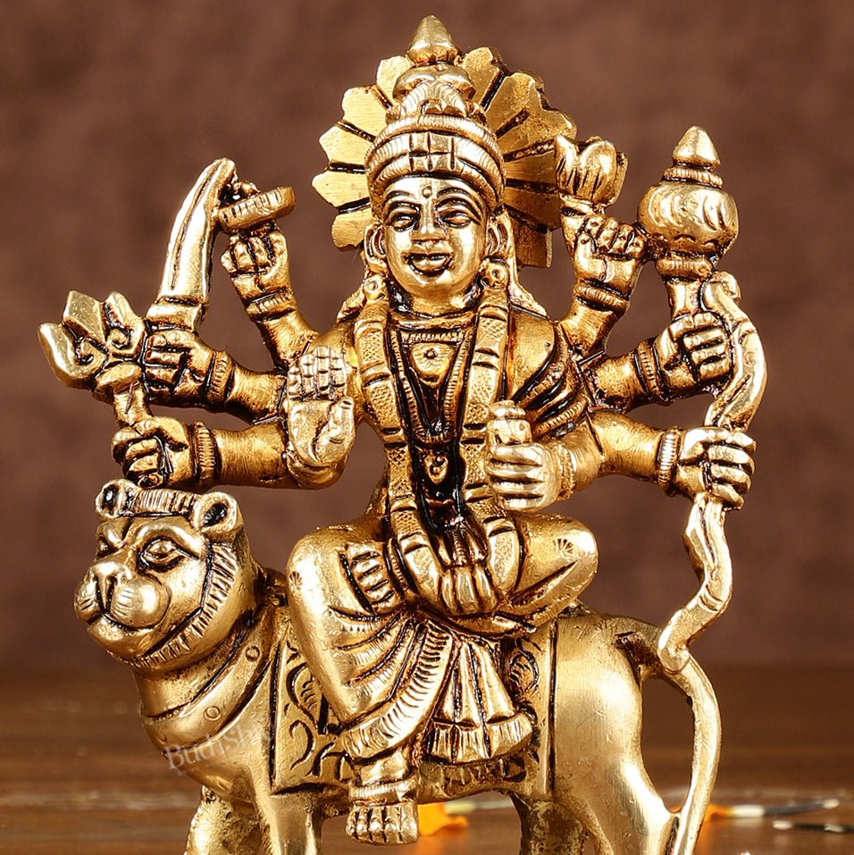 Brass superfine goddess Durga on lion sherawali mata small idol 5"