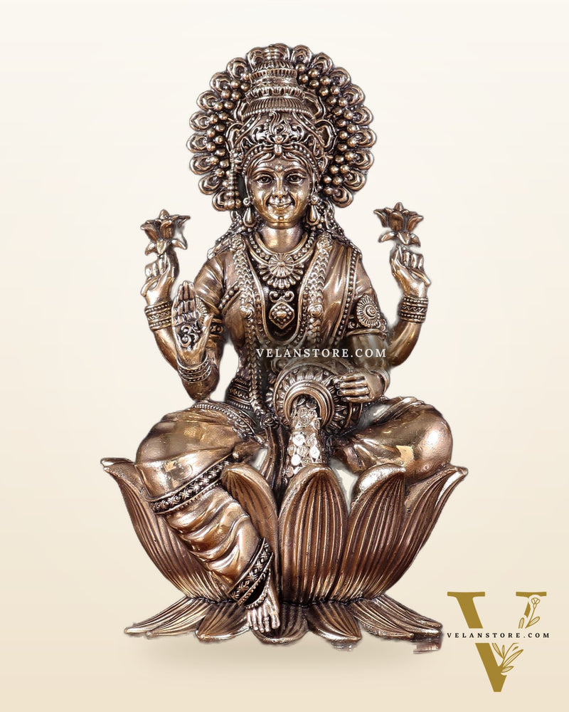 Brass Superfine Goddess Lakshmi Idol with Twin Peacock Lamps on Wooden Base – 9.5 Inch