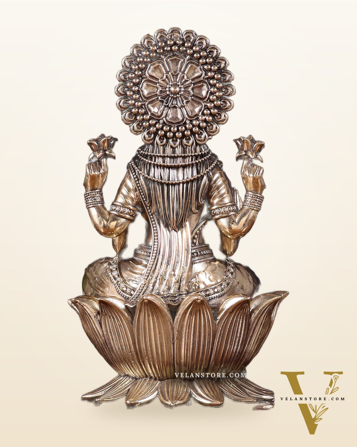 Brass Superfine Goddess Lakshmi Idol with Twin Peacock Lamps on Wooden Base – 9.5 Inch
