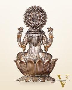 Brass Superfine Goddess Lakshmi Idol with Twin Peacock Lamps on Wooden Base – 9.5 Inch