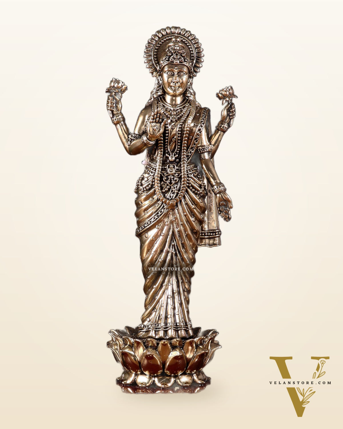 Brass Superfine Goddess Lakshmi Standing on Wooden Base with Diyas – 12.5 Inch