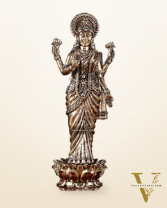 Brass Superfine Goddess Lakshmi Standing on Wooden Base with Diyas – 12.5 Inch