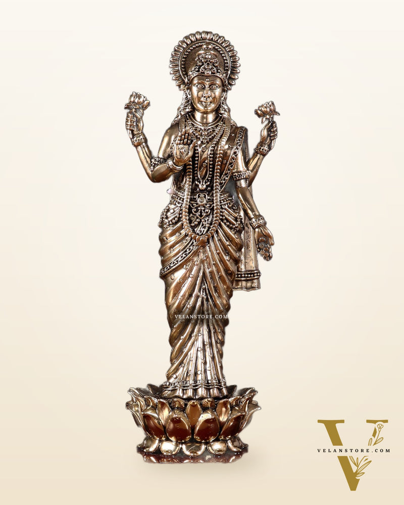 Brass Superfine Goddess Lakshmi Standing on Wooden Base with Diyas – 12.5 Inch