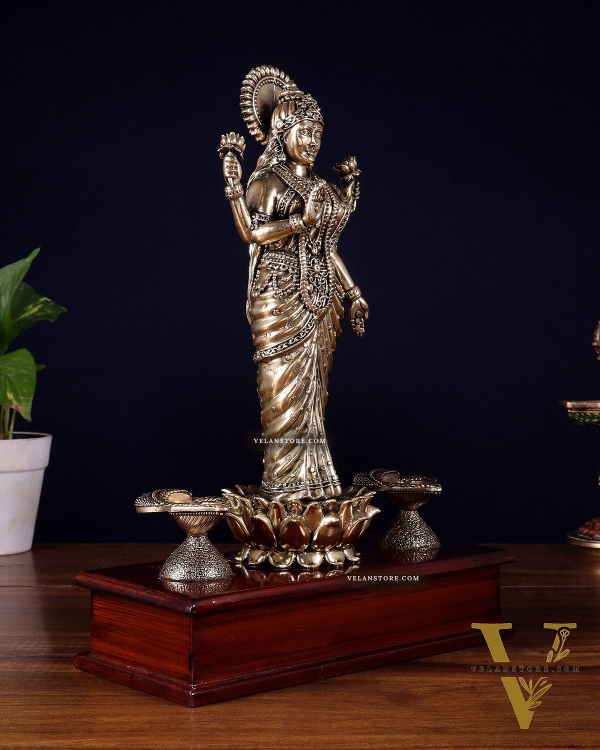 Brass Superfine Goddess Lakshmi Standing on Wooden Base with Diyas – 12.5 Inch