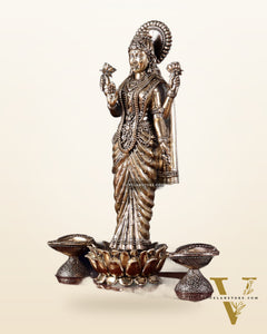 Brass Superfine Goddess Lakshmi Standing on Wooden Base with Diyas – 12.5 Inch