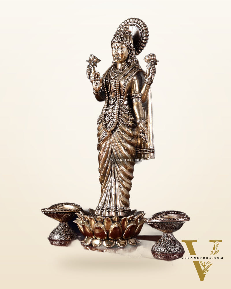 Brass Superfine Goddess Lakshmi Standing on Wooden Base with Diyas – 12.5 Inch