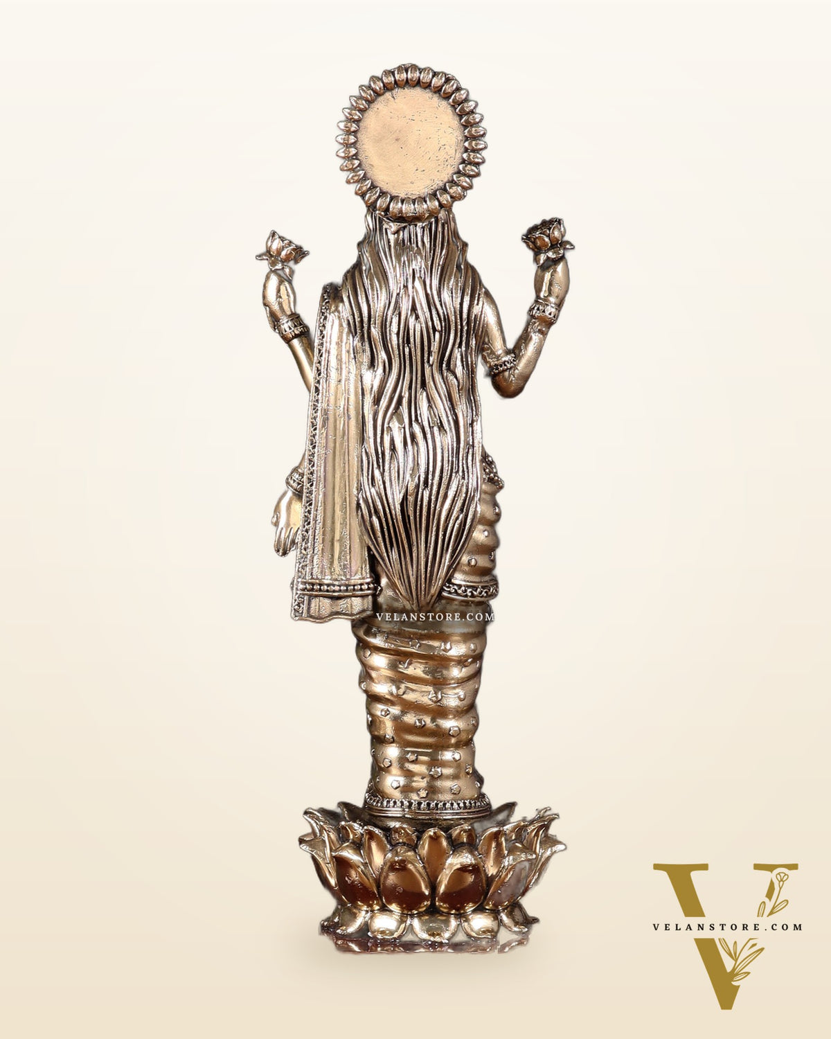 Brass Superfine Goddess Lakshmi Standing on Wooden Base with Diyas – 12.5 Inch