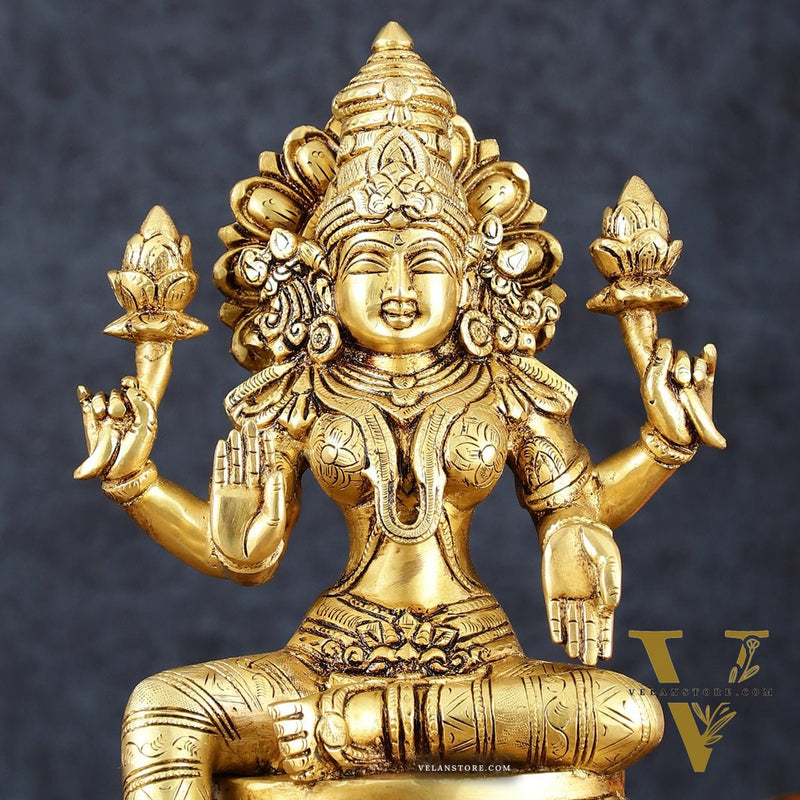 Brass Superfine Goddess Lakshmi Statue – 10.5" Height, Finely Detailed