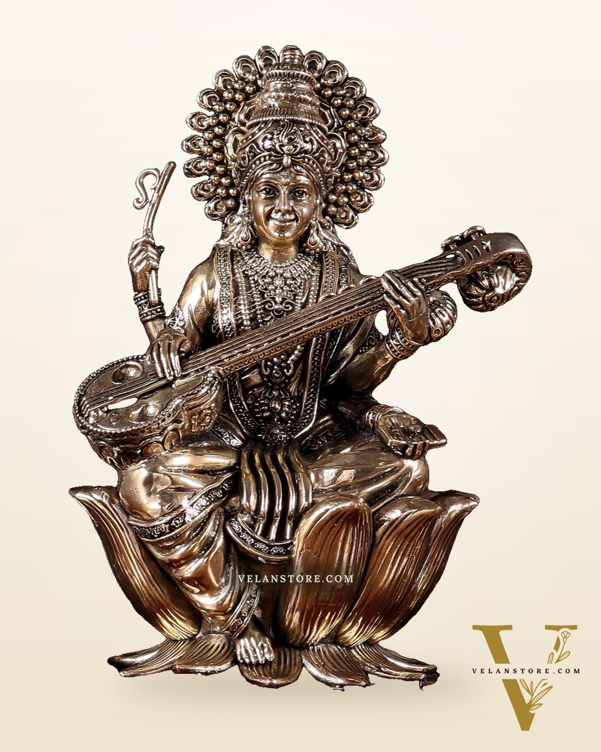 Brass Superfine Goddess Saraswati Idol with Twin Peacock Lamps on Wooden Base – 9.5 Inch