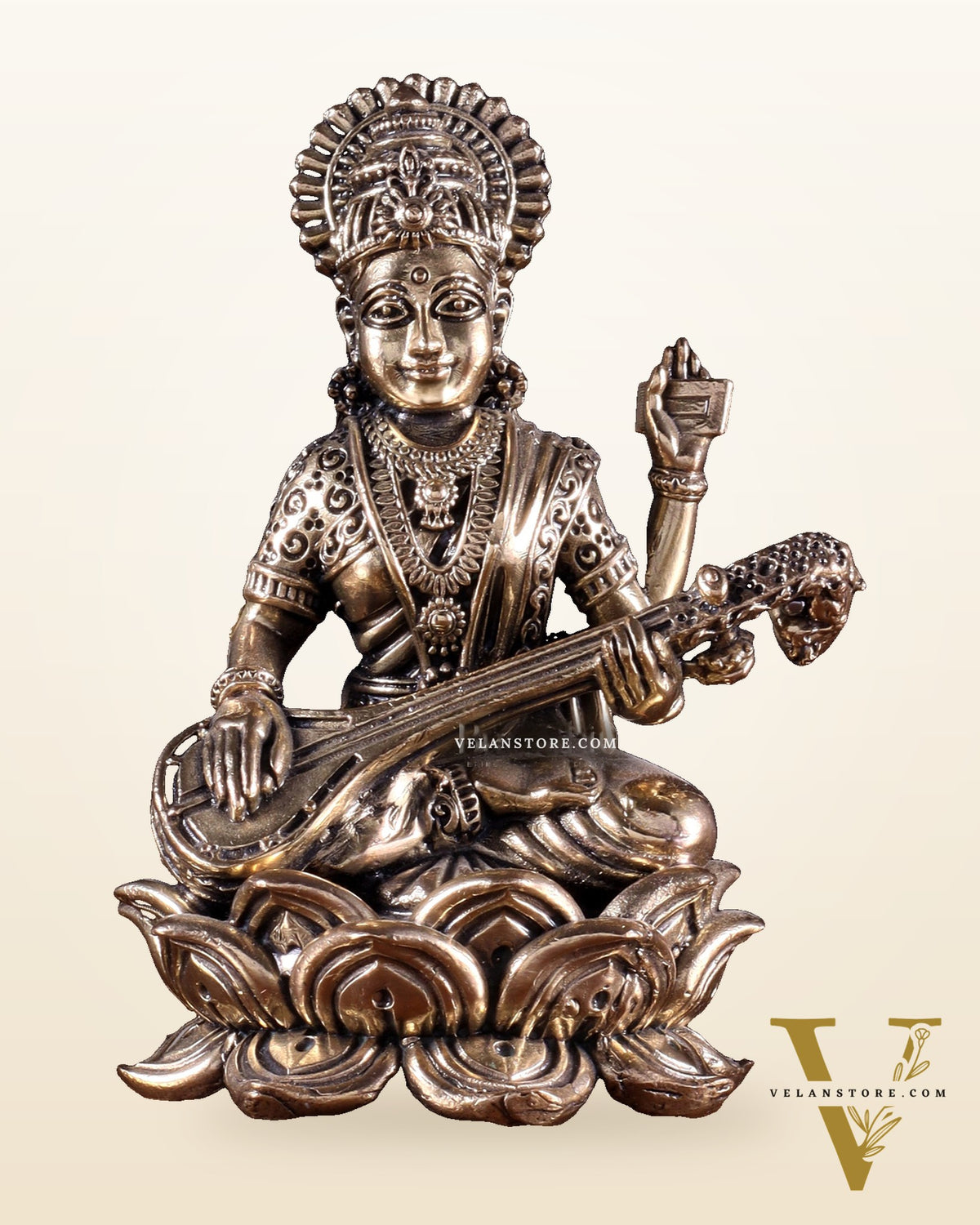 Brass Superfine Goddess Saraswati on Lotus Idol 4 inch