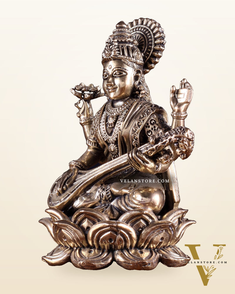 Brass Superfine Goddess Saraswati on Lotus Idol 4 inch