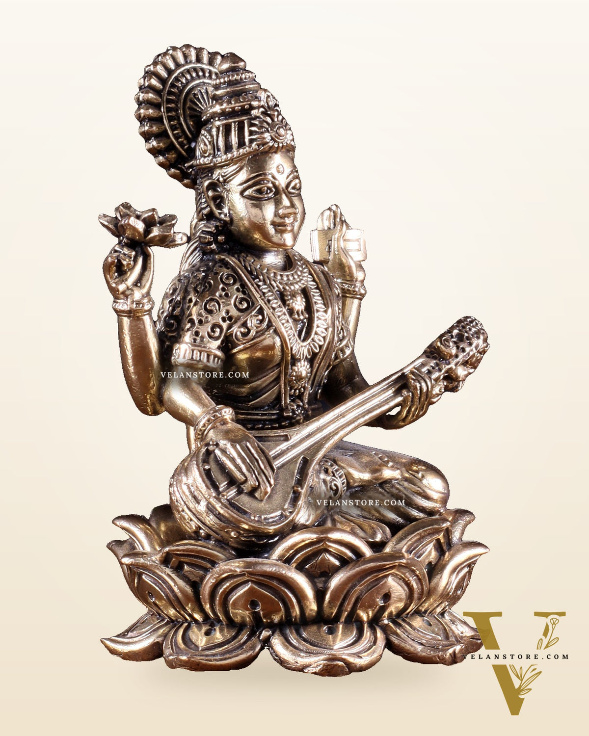 Brass Superfine Goddess Saraswati on Lotus Idol 4 inch
