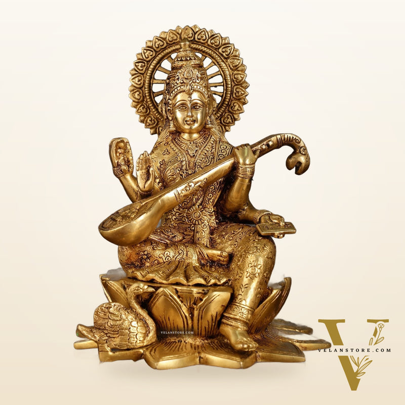 Brass Superfine Goddess Saraswati Sitting on Lotus with Swan | 11 Inch Height | 6.25 KG