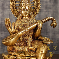 Brass Superfine Goddess Saraswati Sitting on Lotus with Swan | 11 Inch Height | 6.25 KG