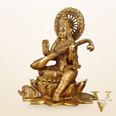 Brass Superfine Goddess Saraswati Sitting on Lotus with Swan | 11 Inch Height | 6.25 KG