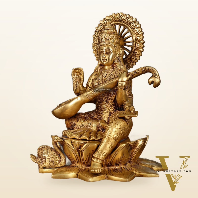 Brass Superfine Goddess Saraswati Sitting on Lotus with Swan | 11 Inch Height | 6.25 KG