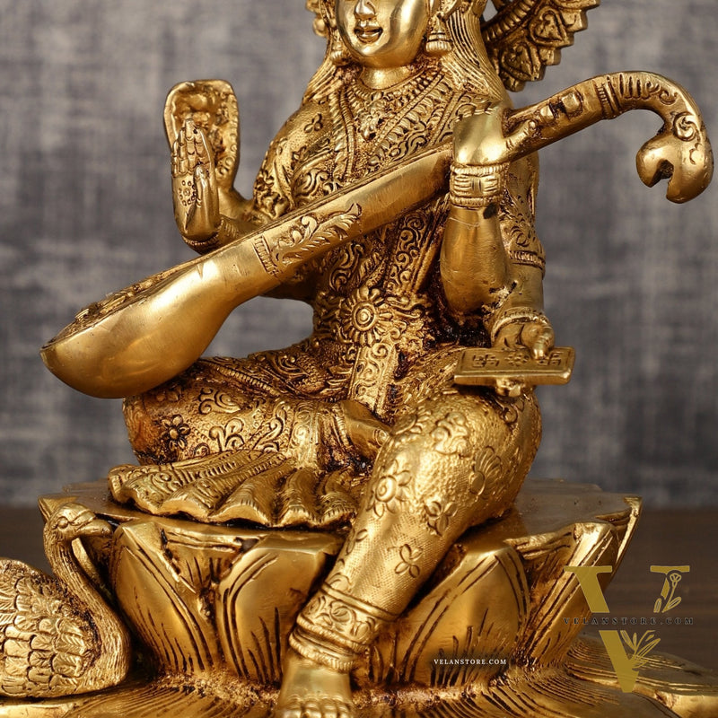 Brass Superfine Goddess Saraswati Sitting on Lotus with Swan | 11 Inch Height | 6.25 KG