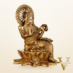 Brass Superfine Goddess Saraswati Sitting on Lotus with Swan | 11 Inch Height | 6.25 KG