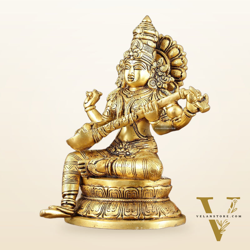 Brass Superfine Goddess Saraswati Statue – 10.5" Height, Finely Detailed