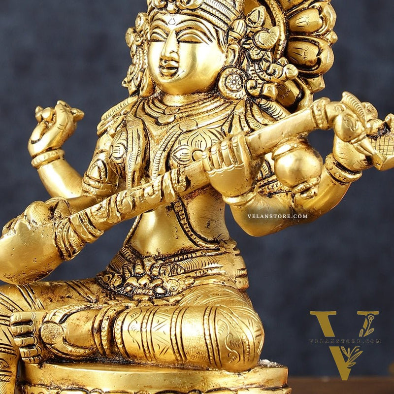 Brass Superfine Goddess Saraswati Statue – 10.5" Height, Finely Detailed