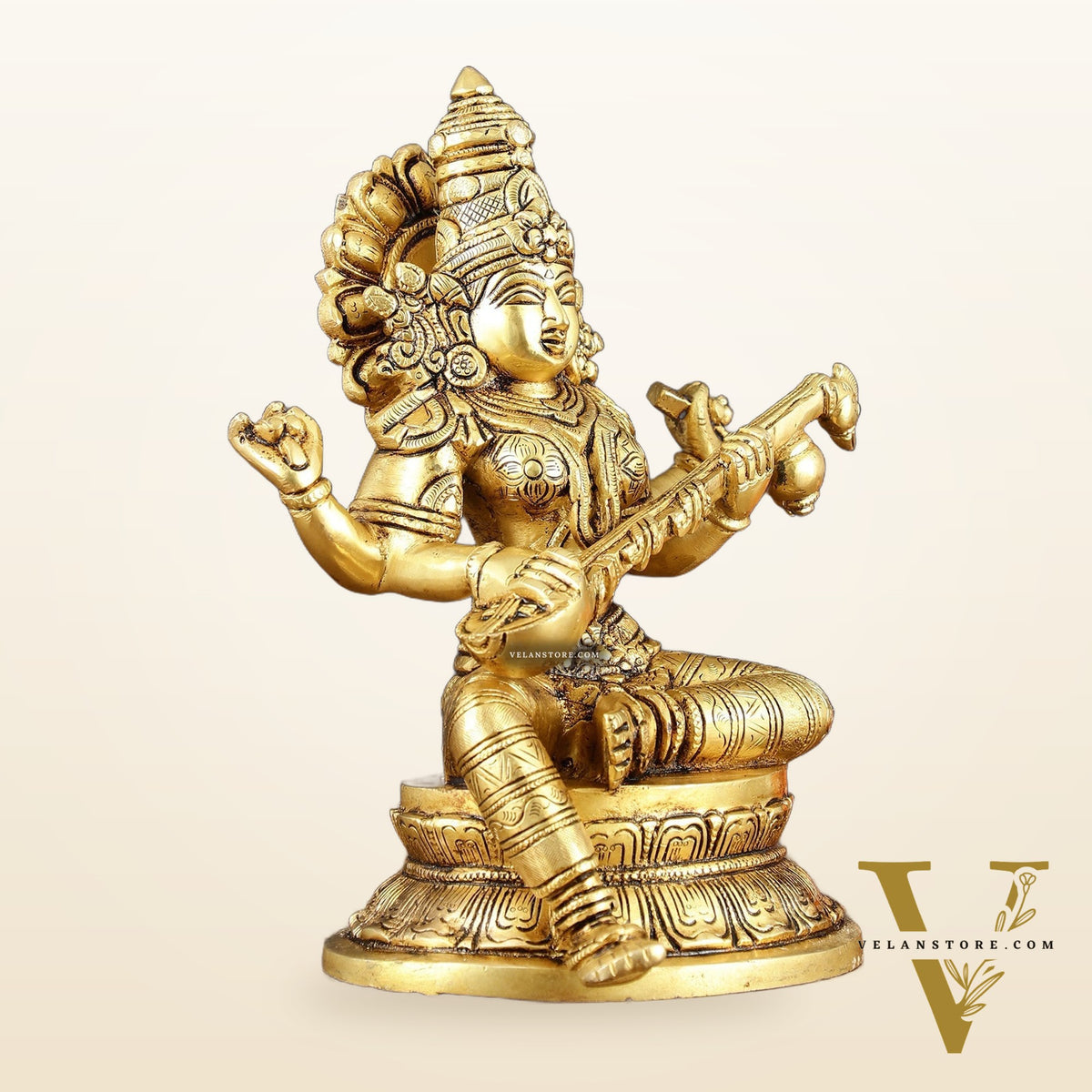 Brass Superfine Goddess Saraswati Statue – 10.5" Height, Finely Detailed