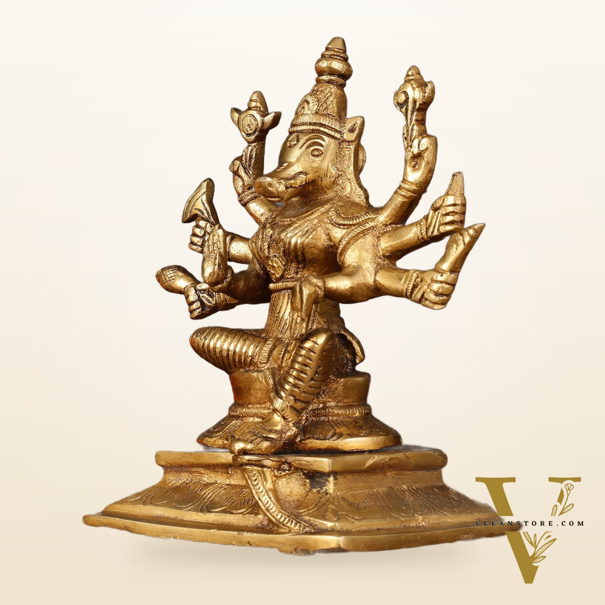 Brass Superfine Goddess Varahi with Eight Arms Idol - 7" Height