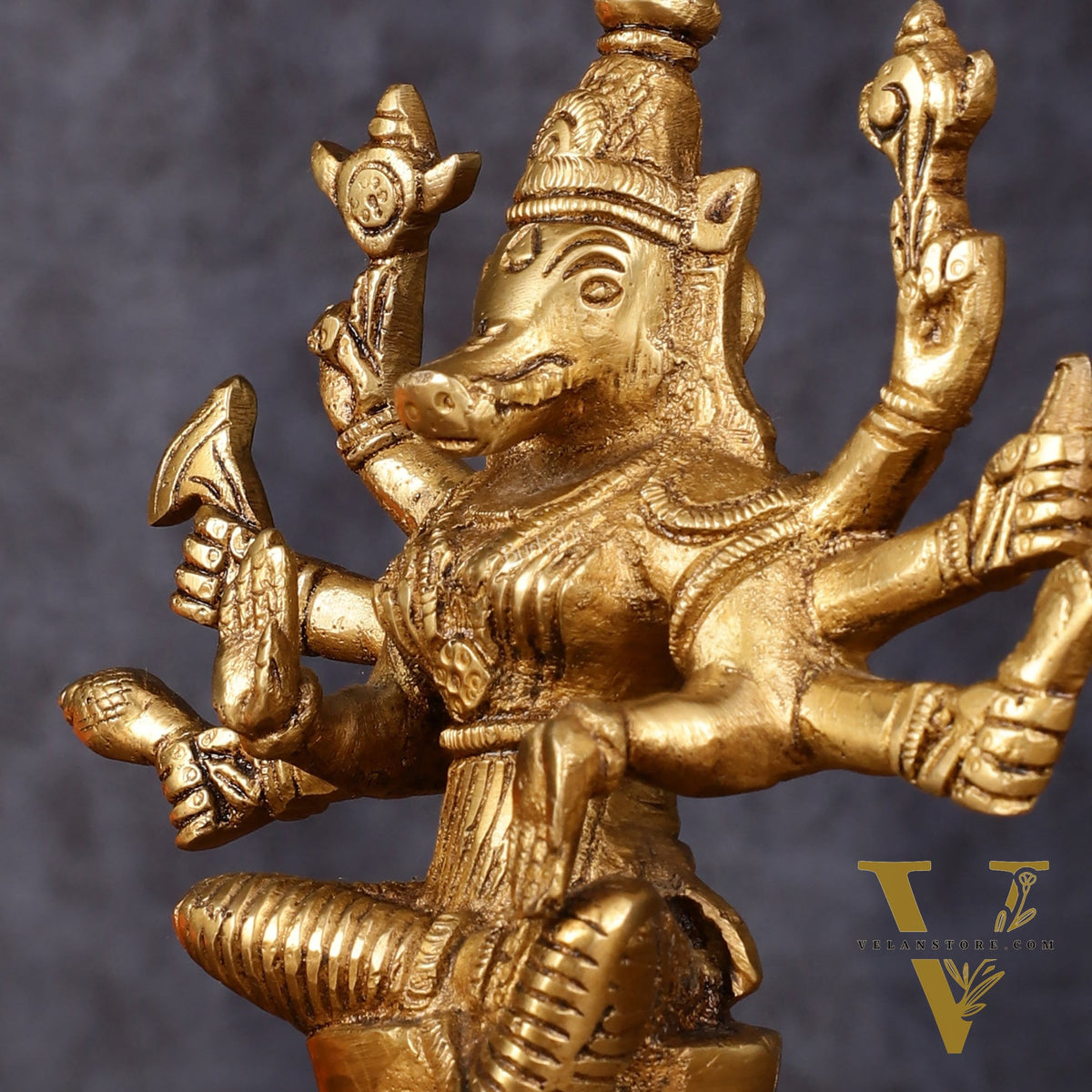 Brass Superfine Goddess Varahi with Eight Arms Idol - 7" Height