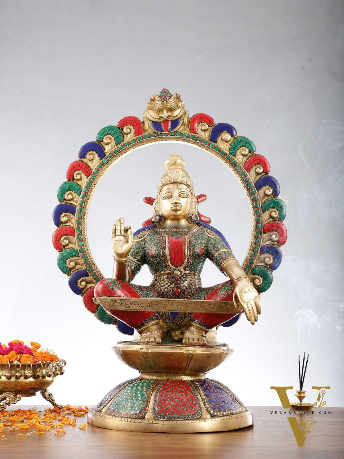 Brass Superfine Handcrafted Ayappan Swamy Statue with stonework 30"