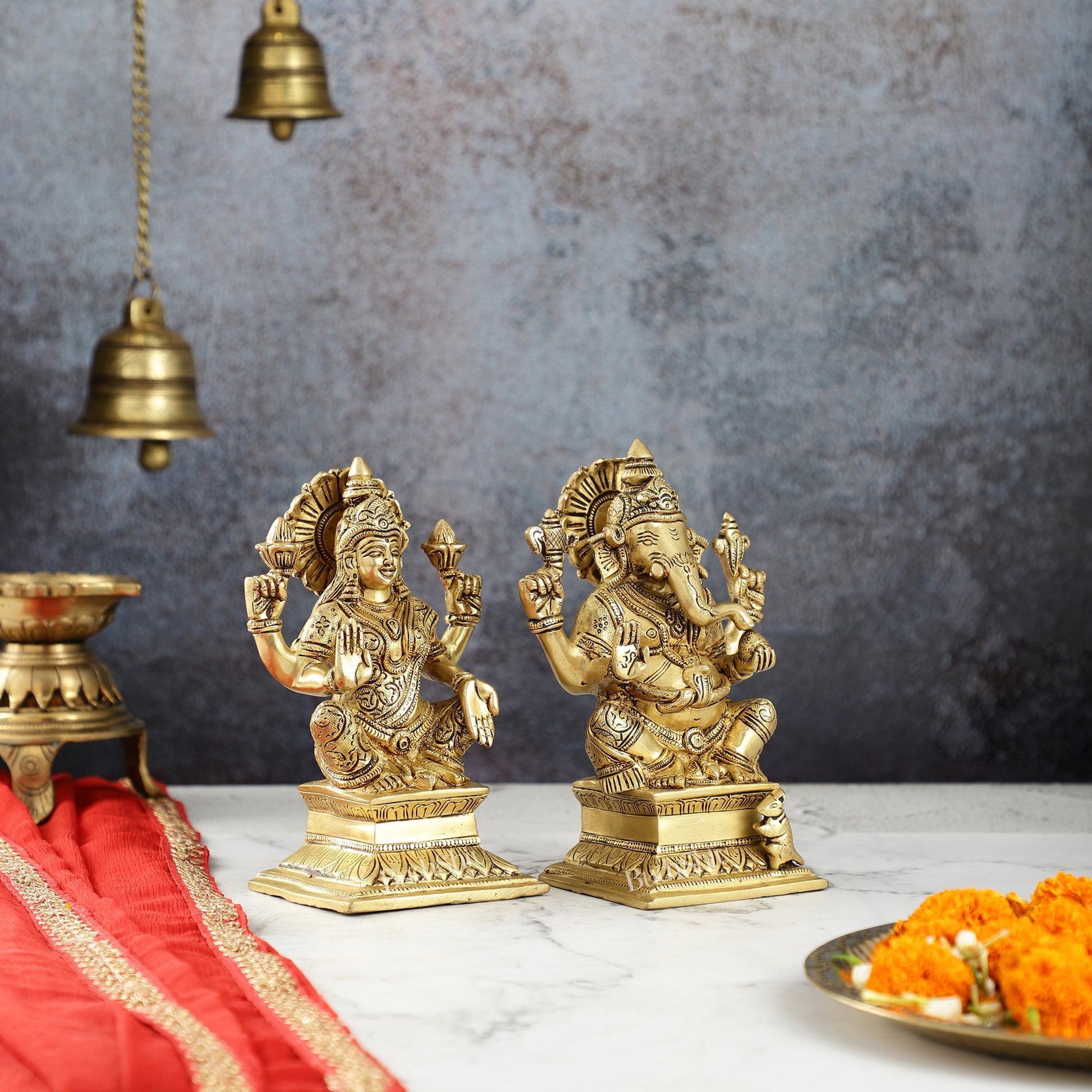 Brass Superfine Handcrafted Ganesha and Lakshmi Murti - Set of two 7.5"