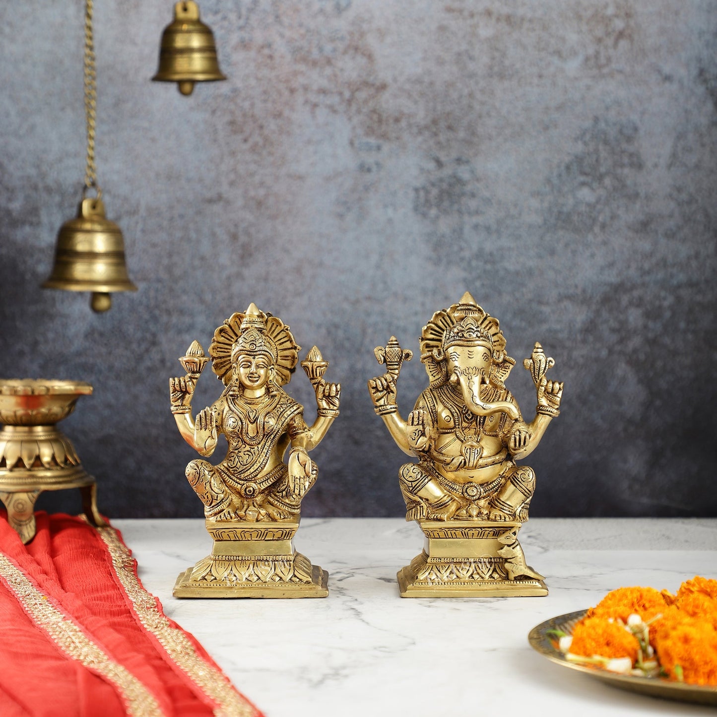 Brass Superfine Handcrafted Ganesha and Lakshmi Murti - Set of two 7.5"