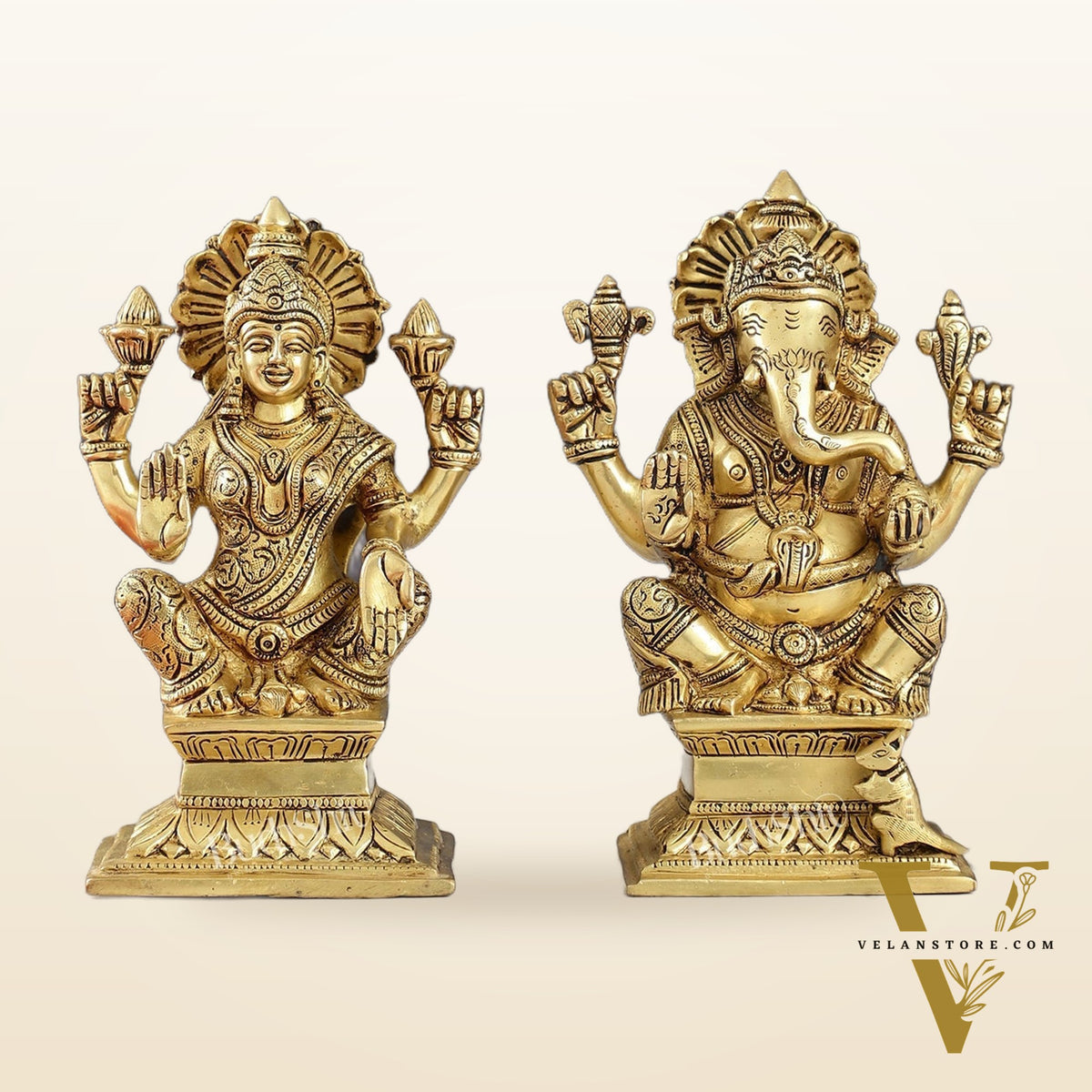 Brass Superfine Handcrafted Ganesha and Lakshmi Murti - Set of two 7.5"