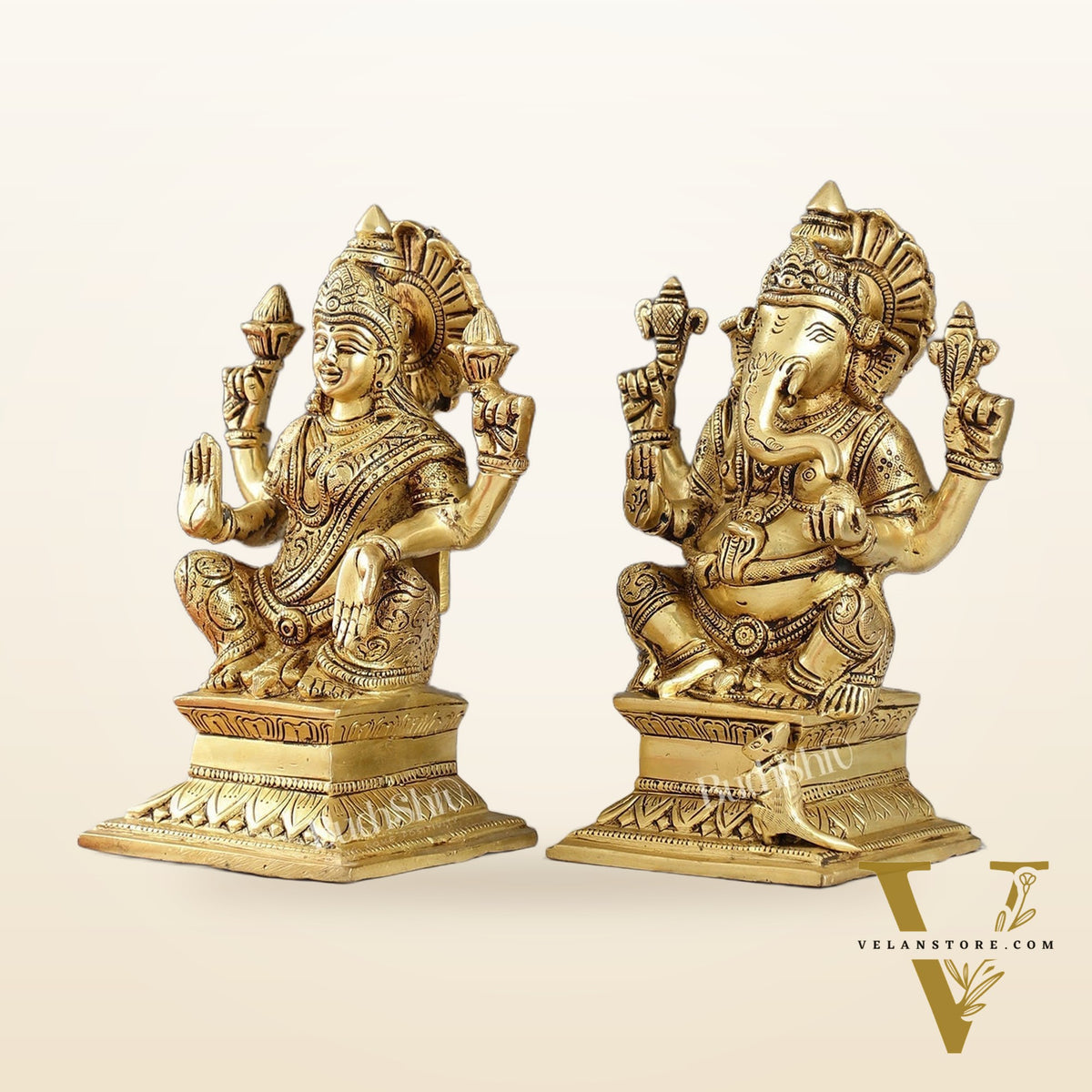 Brass Superfine Handcrafted Ganesha and Lakshmi Murti - Set of two 7.5"