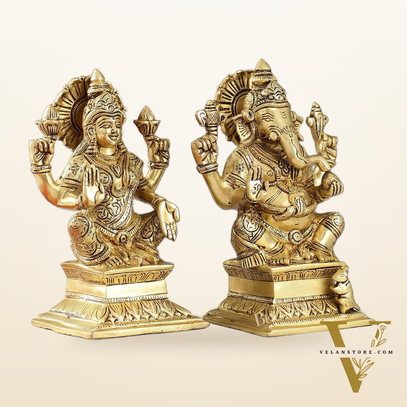 Brass Superfine Handcrafted Ganesha and Lakshmi Murti - Set of two 7.5"