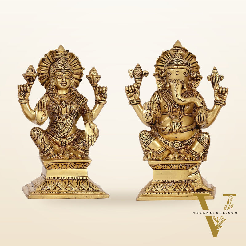 Brass Superfine Handcrafted Ganesha and Lakshmi Murti - Set of two 7.5"