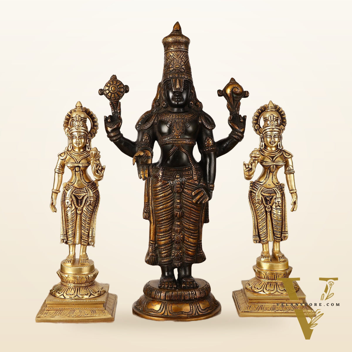 Brass Superfine Handcrafted Idols of Tirupati Balaji , Bhudevi, and Sridevi 18"