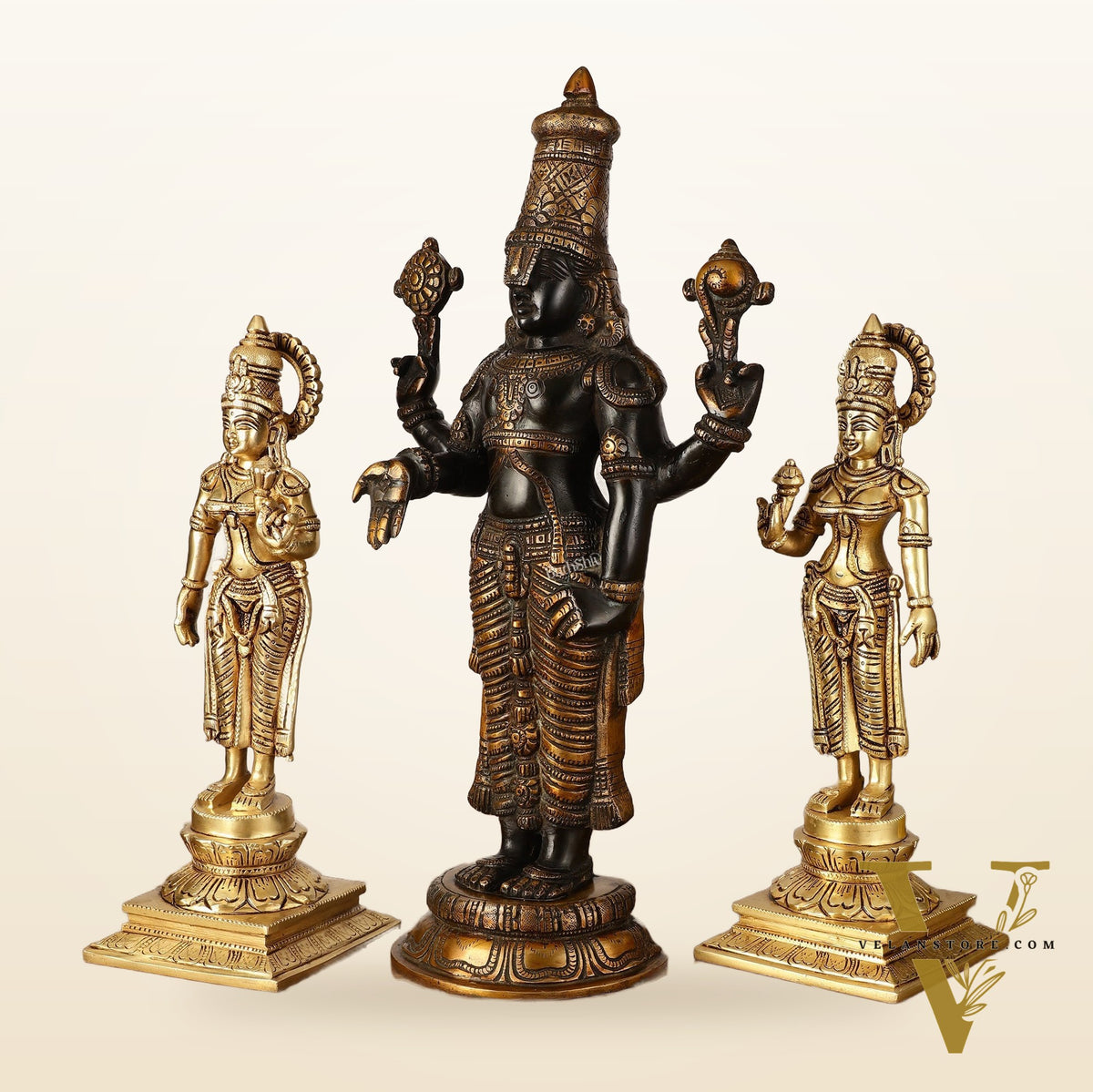 Brass Superfine Handcrafted Idols of Tirupati Balaji , Bhudevi, and Sridevi 18"