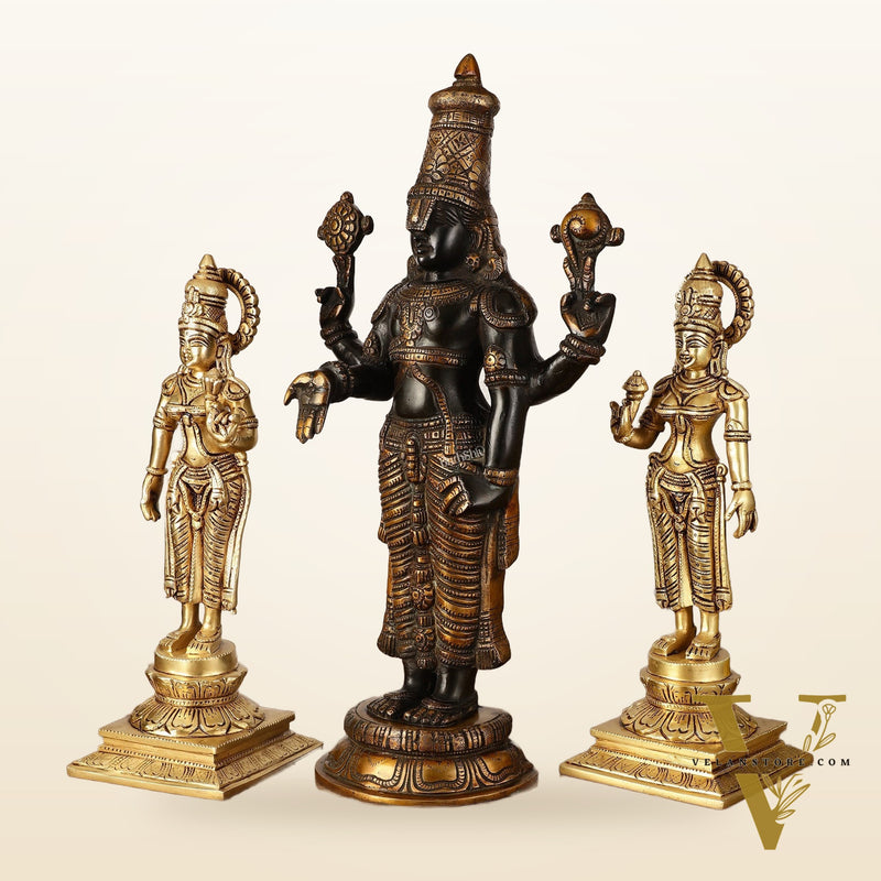Brass Superfine Handcrafted Idols of Tirupati Balaji , Bhudevi, and Sridevi 18"