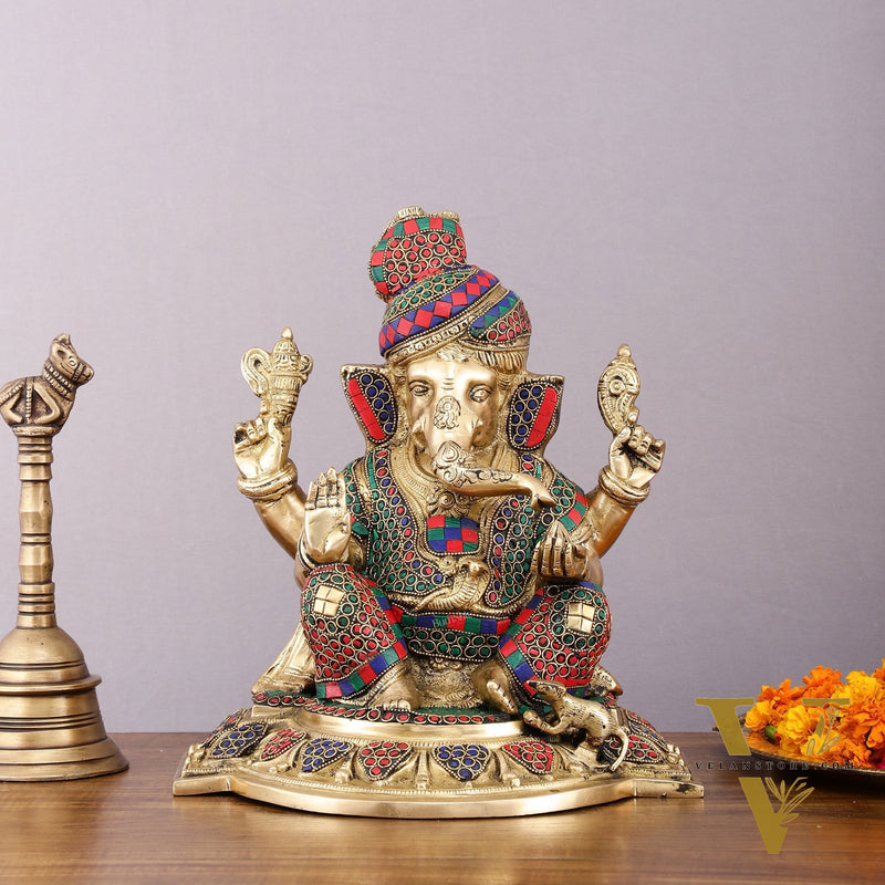 Brass Superfine Handcrafted Lord Ganesha Idol with Pagadi - 11" Meenakari Stonework