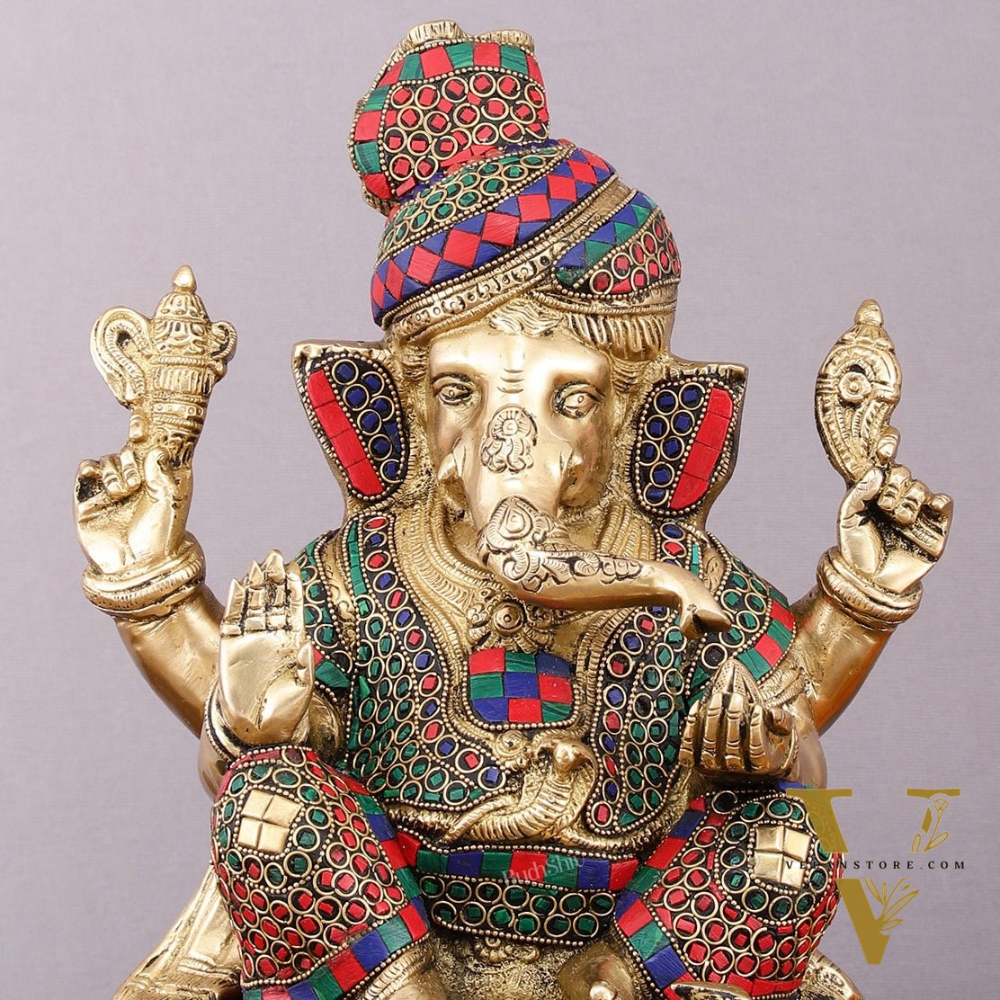 Brass Superfine Handcrafted Lord Ganesha Idol with Pagadi - 11" Meenakari Stonework