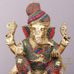 Brass Superfine Handcrafted Lord Ganesha Idol with Pagadi - 11" Meenakari Stonework