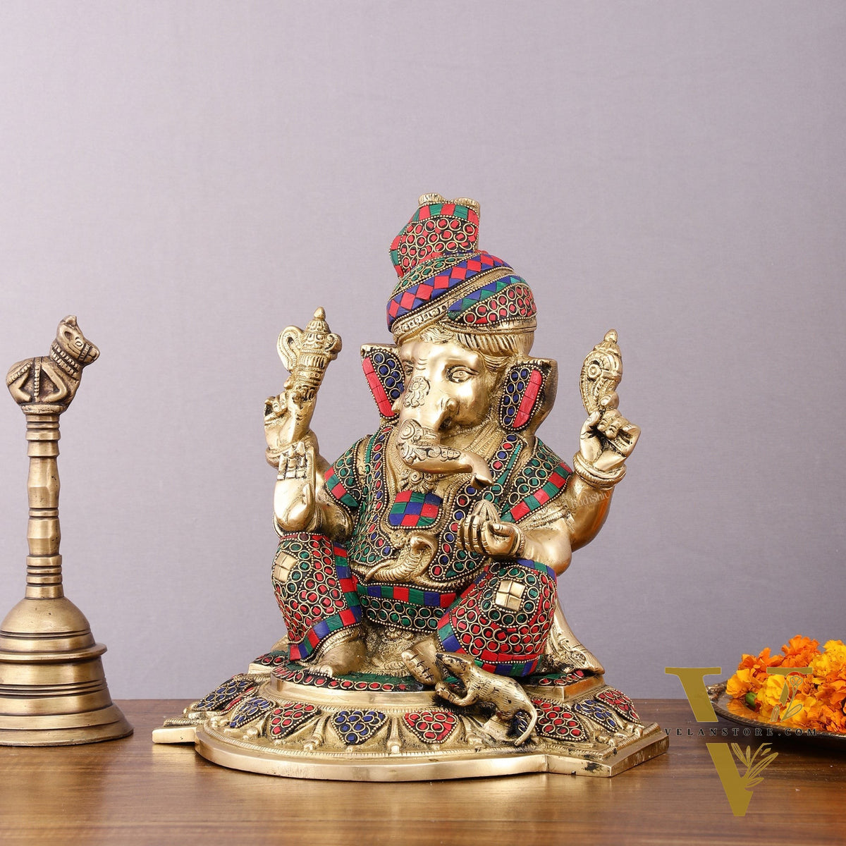 Brass Superfine Handcrafted Lord Ganesha Idol with Pagadi - 11" Meenakari Stonework