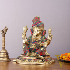 Brass Superfine Handcrafted Lord Ganesha Idol with Pagadi - 11" Meenakari Stonework